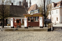 Lengyelország, Myślenice, Rynek, háttérben a Kisboldogasszony-templom (Kościół Narodzenia Najświętszej Maryi Panny)., 1960, UWM Libraries, Harrison Forman, színes, benzinkút, Fortepan #260209