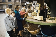 Poland, Warsaw, Skwer Stanisława Wisłockiego, háttérben az ulica Nowy Świat 15-17., 1960, UWM Libraries, colorful, scale, basket, Fortepan #260218