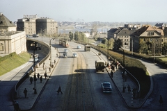 Poland, Warsaw, a Slasko-Dabrowski híd óvárosi hídfője. Balra a Réztetős palota (Pałac Pod Blachą)., 1960, UWM Libraries, bird's eye view, colorful, street view, tram, Fortepan #260225