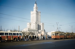 Poland, Warsaw, Aleje Jerozolimskie - ulica Marszalkowska sarok, háttérben a Kultúra és Tudomány Palotája., 1960, UWM Libraries, colorful, tram, trolley bus, Fortepan #260241