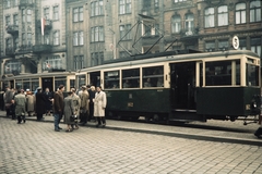 Poland, Poznań, ulica Święty Marcin, szemben a 69., 71. és 73. számú házak., 1960, UWM Libraries, tram, colorful, public transport line number, Fortepan #260242