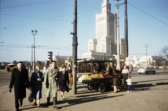 Poland, Warsaw, Aleje Jerozolimskie - ulica Marszalkowska sarok, háttérben a Kultúra és Tudomány Palotája., 1960, UWM Libraries, colorful, tram, fruit, fruit seller, baloon, Fortepan #260249