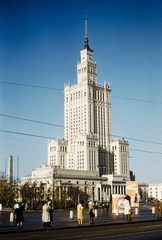 Poland, Warsaw, plac Defilad (Felvonulás tér), a Kultúra és Tudomány Palotája., 1960, UWM Libraries, colorful, tall house, Fortepan #260284