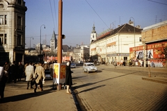 Slovakia, Bratislava, Szlovák Nemzeti Felkelés tere (Námestie SNP), szemben balra a református templom, jobbra az Irgalmasok templomának tornya látszik., 1960, UWM Libraries, colorful, Fortepan #260587