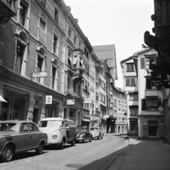 Svájc, Sankt Gallen, Schmiedgasse, a Grüningerplatz felől a Marktgasse irányába., 1958, UWM Libraries, Clarence Woodrow Sorensen, képarány: négyzetes, utcakép, Fortepan #260661