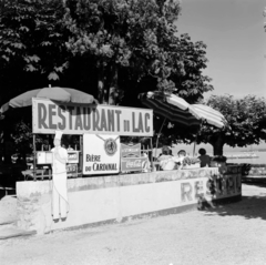 Svájc, Nyon, Place du Molard a Genfi-tó partján., 1958, UWM Libraries, képarány: négyzetes, napernyő, étterem, vendéglátás, Fortepan #260682