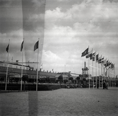 Germany, Berlin, Tempelhof repülőtér., 1936, Lőrincze Judit, ad, flag, Olympics, airport, Heinkel-brand, bunting, Fortepan #26087