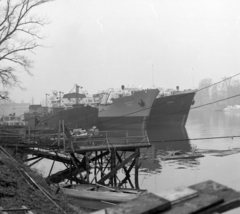 Magyarország, Budapest XIII., Újpesti-öböl, a Magyar Hajó- és Darugyár Angyalföldi Gyáregysége., 1960, Faragó György, Budapest, kikötő, cirill írás, Severny Donets-hajó, Kunda hajó, Fortepan #260893