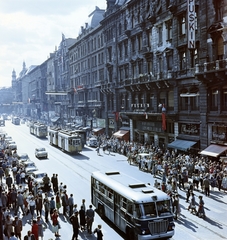 Hungary, Budapest V., Kossuth Lajos utca, szemben a Puskin mozi., 1961, Faragó György, tram, colorful, movie theater, public transport line number, mass, bus, Ikarus 620, Budapest, Fortepan #260922