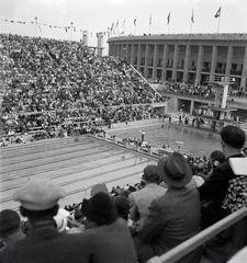 Germany, Berlin, Olimpiai Úszóstadion, a XI. nyári olimpiai játékok alatt., 1936, Lőrincze Judit, swimming, swimming pool, Berlin Olympics, Olympics, diving tower, Fortepan #26093