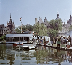 Hungary, Budapest XIV., a Magyar Hajó- és Darugyár pavilonja a tavon. Háttérben a Vajdahunyad vára., 1964, Faragó György, Budapest, colorful, Fortepan #261261