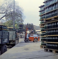 Magyarország, Budapest XXII., Anna (Pentz Károly) utca 5-7., a felvétel a Törley pezsgőgyár udvarán készült., 1973, Faragó György, targonca, üveggyártás, Budapest, színes, Fortepan #261346