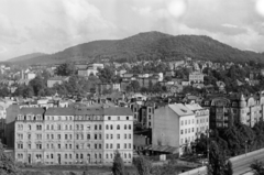 Csehország, Karlovy Vary, látkép a vasútállomás felől, szemben a nábřeží Jana Palacha épületei., 1956, Faragó György, hegy, látkép, városkép, bérház, Csehszlovákia, Fortepan #261601