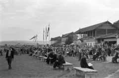 Csehország, Prága, ulice Radotínská 69/34., lóversenypálya (Dostihové závodiště Velká Chuchle / Chuchle Arena Praha)., 1956, Faragó György, pad, közönség, nézőtér, Csehszlovákia, Fortepan #261636