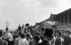 Csehország, Prága, ulice Radotínská 69/34., lóversenypálya (Dostihové závodiště Velká Chuchle / Chuchle Arena Praha)., 1956, Faragó György, tömeg, zsoké, Csehszlovákia, Fortepan #261641