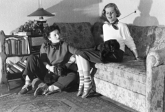 1955, Faragó György, dog, interior, sitting on lap, women, Fortepan #261686