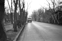 Hungary, Budapest VI.,Budapest VII., Városligeti (Gorkij) fasor a Dózsa György út közelében, jobbra az Építők Rózsa Ferenc kultúrház építésének felvonulási területe., 1949, Faragó György, trolley bus, trolley stop, Budapest, Fortepan #261695