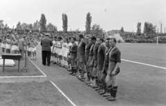 Magyarország, Budapest XIX.,Budapest XVIII., a Budapesti Honvéd SE pályája, háttérben a Lőrinci Hengermű., 1958, Faragó György, Budapest, futballcsapat, érem, Fortepan #261803