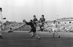 Magyarország, Népstadion, Budapest XIV., a felvétel az MTK - Vasas 3:2 (2:1) bajnoki labdarúgó-mérkőzésen készült 1957. június 8-án. Gellér ment Kaszás és Szilágyi I. elől. Mellettük jobbra Szimcsák László, bal szélen Sipos Ferenc., 1957, Faragó György, labdarúgás, kapus, Budapest, Fortepan #261814