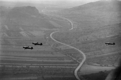 Magyarország, Budaörs, légifotó, Zlin-381 Fecske típusú repülőgépek, középen az 1-es főút, háttérben a Törökugrató., 1958, Faragó György, Zlín Z381 Fecske, légi felvétel, Fortepan #261863