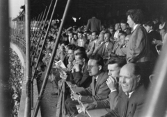 Magyarország, Népstadion, Budapest XIV., 1957. szeptember 22. Magyarország - Szovjetunió 1:2, barátságos válogatott labdarúgó-mérkőzés., 1957, Faragó György, tribün, Budapest, Fortepan #261937