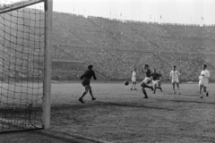 Magyarország, Népstadion, Budapest XIV., 1957. június 23. Magyarország - Bulgária 4:1, világbajnoki selejtező, válogatott labdarúgó-mérkőzés. Hidegkuti elől megszerzi a labdát a bolgár kapus, hátrább Tóth II és Tichy., 1957, Faragó György, Budapest, labdarúgás, Fortepan #261961