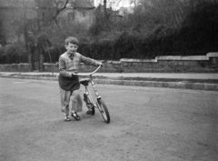 Magyarország, Budapest XII., Ráth György utca, a felvétel az 58-as számú ház előtt készült., 1954, Gyulai Gaál Krisztián, Budapest, kerékpár, kockás ing, lejtő, kisfiú, Fortepan #262220