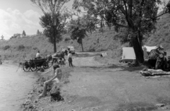 Magyarország,Balaton, Badacsonytomaj, Balaton-part a kőrakodóhoz levezető útnál, fent a 71-es főút., 1965, Gyulai Gaál Krisztián, Skoda-márka, sátor, oldalkocsis motorkerékpár, folyópart, lovaskocsi, Fortepan #262261