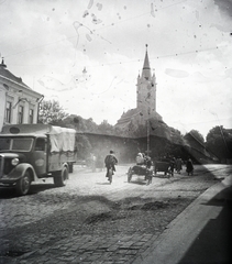 Románia,Erdély, Szászrégen, Bálház utca (Strada Republicii), evangélikus templom., 1941, Vincent Till Baumgartner, utcakép, forgalom, Fortepan #262966