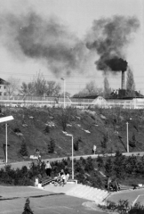 Hungary, Budapest X., Kőbánya Újhegyi lakótelep. Szocialista Brigádok Parkja (később Bányató Park). Háttérben az Újhegyi úti gumigyár füstölgő kéménye látszik., 1980, Vincent Till Baumgartner, Budapest, factory chimney, smoke, Fortepan #262982