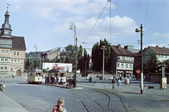 Németország, Eisenach, a Markt, balra a Rathaus (Tanácsháza)., 1962, Szűcs Attila, villamos, színes, faváz, sínpálya, NDK, Fortepan #263162