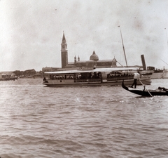 Olaszország, Velence, a hajó mögött a San Giorgio Maggiore sziget és a San Giorgio Maggiore-templom a Szent Márk tér irányából nézve., 1911, Zichy kúria, Zala, templomtorony, sétahajó, Fortepan #263641