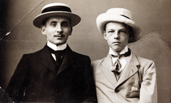 1908, Zichy kúria, Zala, men, double portrait, hat, tie, Fortepan #263969