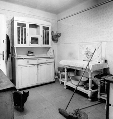 1976, Ferencvárosi Helytörténeti Gyűjtemény, poverty, cat, interior, table, wall hangings, sideboard, Fortepan #26415