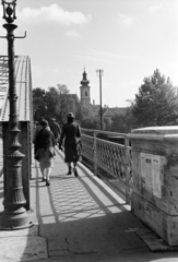 Magyarország, Győr, Kettős híd a Rába folyó felett a Bécsi kapu (Erzsébet) tér és a Radó-sziget között, háttérben a Karmelita templom., 1941, Nagy István, Nagy József, háttal, híd, Fortepan #264307