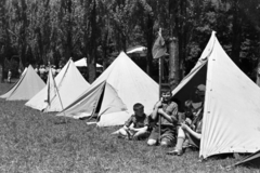 Hungary, Győr, Kiskút, cserkésztábor., 1941, Nagy István, scouting, tableau, tent, flag, camping site, Fortepan #264442