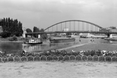 Hungary, Győr, a Mosoni-Duna és a Rába összefolyása, háttérben a Kossuth híd., 1941, Nagy István, barge, bathing, Fortepan #264474