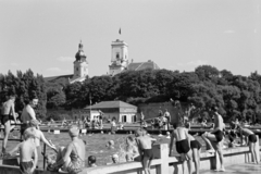 Hungary, Győr, strand, háttérben a Székesegyház és a Püspökvár látható., 1941, Nagy István, beach, Catholic Church, Fortepan #264482