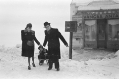 Hungary, Dombóvár, Újdombóvár (ekkor önálló, ma a város része), a felvétel Vancsa Antal vegyesboltja előtt készült., 1947, Horváth József, store display, sledge, snow, family, kid, Fortepan #264848