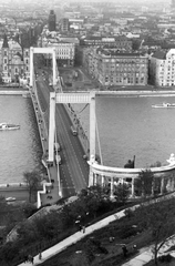 Hungary, Budapest I., látkép a Szent Gellért szoborral és az Erzsébet híddal, Pest felé nézve., 1968, Bambi, ship, picture, Danube, Budapest, suspension bridge, Saint Gerard-portrayal, Pál Sávoly-design, Fortepan #26485