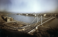 Magyarország, Budapest, Erzsébet híd a Gellérthegyről nézve., 1965, Bambi, színes, autóbusz, villamos, látkép, Duna, FVV CSM-2/CSM-4, függőhíd, Duna-híd, Sávoly Pál-terv, Fortepan #26486