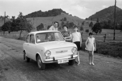 Románia,Erdély, Barcarozsnyó, a felvétel a település és Predeál közötti úton készült., 1967, Horváth József, automobil, rendszám, Fiat 850, lányok-járművek, Fortepan #264918