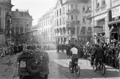 Románia,Erdély, Nagyvárad, Rákóczi út (Calea Republicii), távolabb a Rimanóczy Kálmán utca (Str. Iosif Vulcan) és a Mészáros László utca (Strada Nicolae Grigorescu) sarkán álló épületek látszanak. A felvétel 1940. szeptember 7-én, a magyar csapatok bevonulása idején készült., 1940, Horváth József, kerékpár, rendszám, bevonulás, háttal, Fortepan #265410