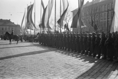 Magyarország, Budapest VIII., a Keleti pályaudvar érkezési oldala. A Bólyai Akadémia díszszázada a Szovjetunióból hazahozott 1848-as honvédzászlók érkezésekor, a felvétel 1941. március 24-én készült., 1941, Horváth József, Budapest, puska, bajonett, díszőrség, Fortepan #265539