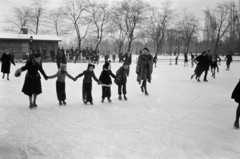 Magyarország, Budapest VIII.,Budapest X., korcsolyapálya a Könyves Kálmán körút - Bíró Lajos (Szabóky) utca - Reguly Antal (Család) utca - Villám utca közötti területen, háttérben a Népliget., 1941, Horváth József, Budapest, kézenfogva, lányok, szőrme, korcsolyázás, muff, bunda, Fortepan #265551