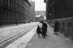 Magyarország, Budapest IX., Ipar utca, balra a Mester utca 19. szám alatti Községi Polgári Fiú- és Leányiskola (később Molnár Ferenc Magyar–Angol Két Tanítási Nyelvű Általános Iskola) oldalhomlokzata, szemben a Bokréta utca torkolata., 1941, Horváth József, Budapest, Fortepan #265552