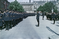 Magyarország, Szeged, Széchenyi tér, balra a Városháza., 1953, Horváth József, színes, katonazenekar, Fortepan #265748