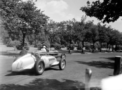 Hungary, People's Park, Budapest X., a felvétel az első ízben megrendezésre kerülő Magyar Automobil Grand Prix alkalmával készült. A Mercedes - Benz autóversenyzője, Manfred von Brauchitsch (22) Mercedes-Benz W25E típusú versenyautójával előz., 1936, Horváth József, starting number, car race, Budapest, Fortepan #266046