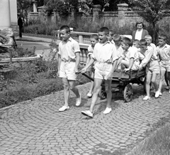 Magyarország, Békéscsaba, Árpád sor 22. Tagányi villa kertje, MÁV Nevelőintézet, később az Evangélikus Művészeti Középiskola kollégiuma., 1956, Baráth Endre, csoportkép, tanár, kiskocsi, Fortepan #26605