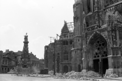 1947, Vízkelety László, public building, lamp post, war damage, damaged building, sculpture, church, Fortepan #266150